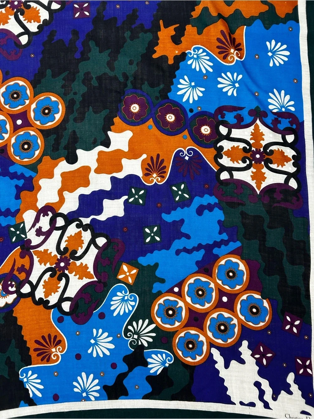 Christian Dior Écharpes Abstract Floral 100% Wool Fringe Scarf 34.5” Square